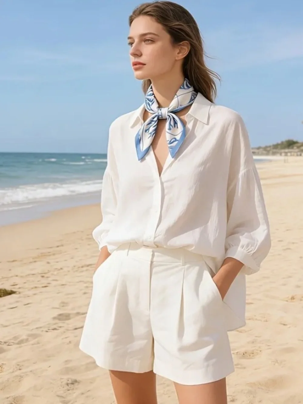 Blue & White Seashell Silk Scarf